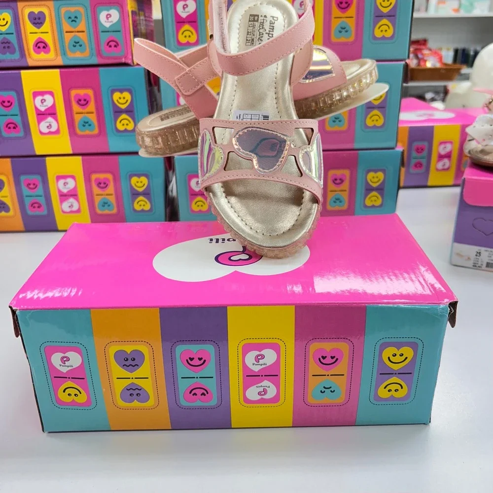 Pampili FeetCare Pink Iridescent Heart Sandals Glitter Sole Kids Size 13 US